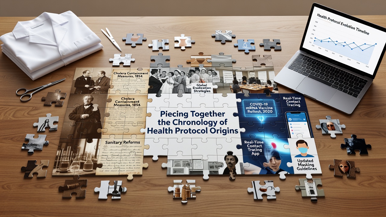 Historical timeline illustration showing early health protocols from ancient civilizations to modern eras